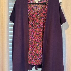 Purple Open Short Sleeve Cardigan with Polka Dot Inner Top